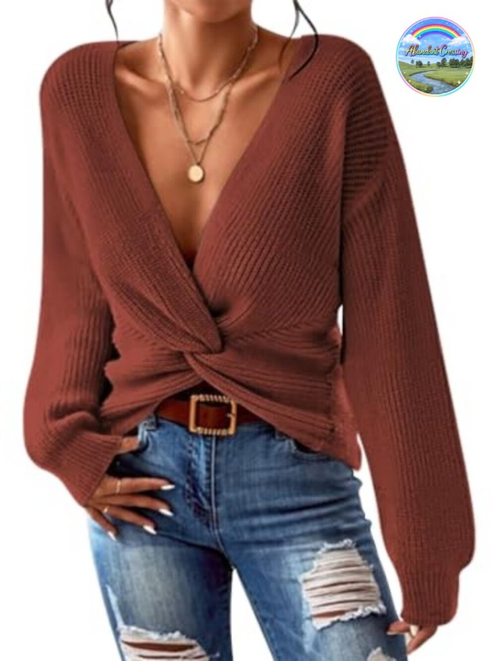 Cropped Twist Knot Pullover Sweater, Deep V-Neck Long Sleeve Knit Top
